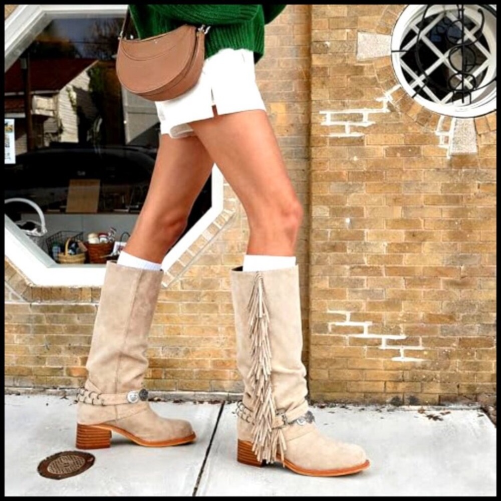 Knee High Riding Boots Fringe Tassels Chunky Heel Square Toe Boho Chic - Picture 2 of 7